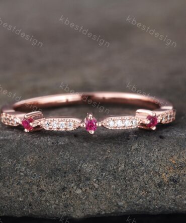 Delicate Ruby Wedding Band Ruby & CZ Diamond Wedding Band Half Eternity Matching Band Stackable Eternity Bridal Wedding Anniversary Ring