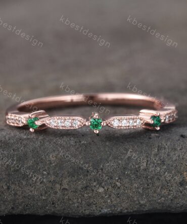 Art Deco Emerald Wedding Band, Rose Gold Emerald Stacking Band, Minimalist Ring, Simulated Diamond CZ Wedding Band Ring, Anniversary Ring