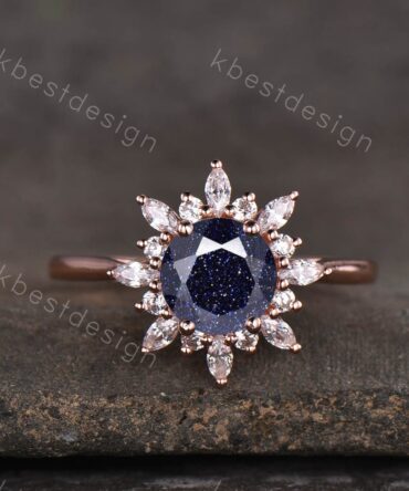 Rose gold blue sandstone ring Round cut blue sandstone engagement ring Unique halo wedding ring solitaire ring promise ring Anniversary