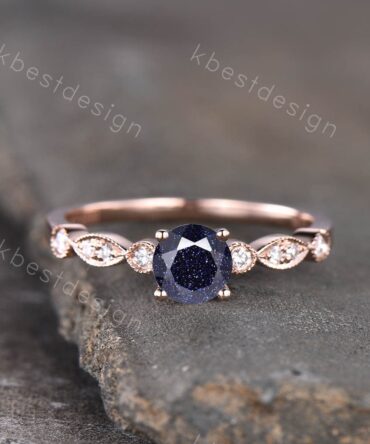 Blue sandstone engagement ring Round cut ring unique dainty wedding ring art deco bridal promise ring anniversary gift Rose gold