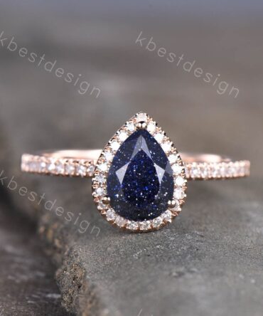 Vintage Pear shaped Blue sandstone engagement ring Rose gold diamond halo wedding ring Unique half eternity bridal ring promise gift