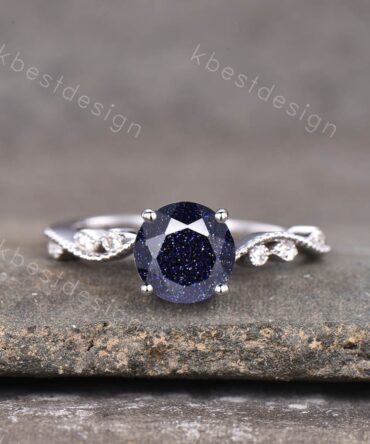 Vintage blue sandstone engagement ring 925 sterling silver ring star blue galaxy ring art deco wedding bridal promise ring Gift for her