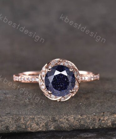 Vintage blue sandstone engagement ring Art deco round shaped wedding ring Rose gold ring for women Anniversary Promise Ring blue gemstone