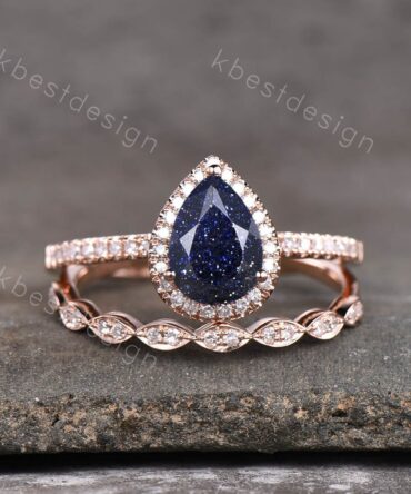 Vintage Blue Sandstone Engagement Ring set, Art deco Rose Gold Pear shaped Bridal set, Half Eternity Wedding Band, Unique Promise Ring