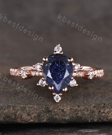 Vintage blue sandstone engagement ring Rose gold Pear shaped wedding ring Art deco dainty bridal anniversary Promise Ring for women