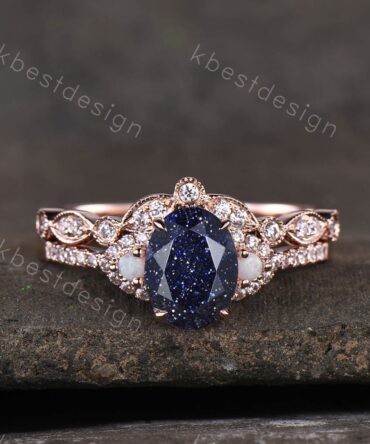 Vintage Blue Sandstone Engagement Ring set Unique Rose Gold Oval cut Bridal set Art deco curved stacking band promise anniversary rings