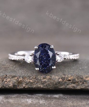 Blue Sandstone Engagement Ring Oval Cut Vintage Galaxy Three Stone Ring 925 Sterling Silver Ring Unique Diamond Promise Ring For Women