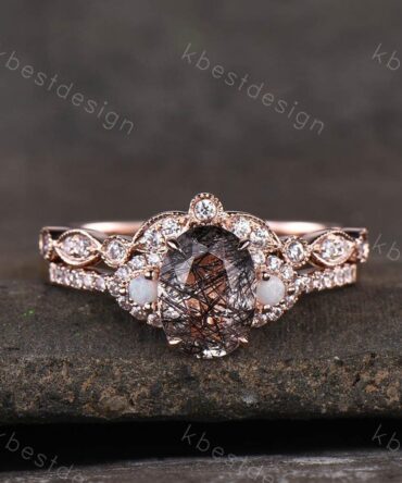 Vintage black rutilated quartz engagement ring 14k rose gold oval cut ring art deco curved stacking band unique bridal wedding ring set