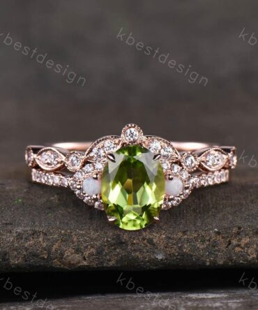 Vintage Peridot Engagement Ring Set Oval Green Peridot Ring Rose Gold Art Deco Stacking Band August Birthstone Ring Promise Bridal Set