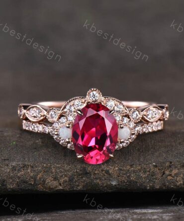 Vintage Ruby Bridal Set/ Oval Ruby Engagement Ring Set/ 14K Rose Gold Rings/ Engagement Promise Ring/ July Birthstone/ Anniversary Gift