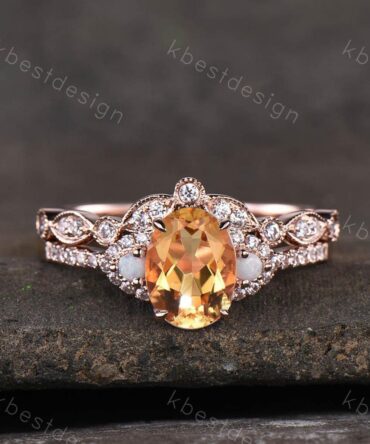 Natural Citrine Wedding Ring Set, Oval Citrine Opal Engagement Ring, Unique Curved Stacking Band, Art Deco Bridal Wedding Set, Promise Gift