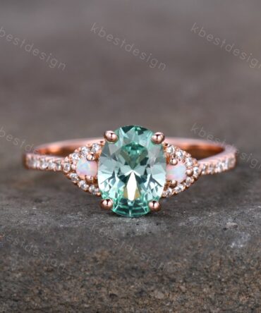 Vintage Green Sapphire Engagement ring Rose gold Ring Oval Sapphire Opal Wedding Ring Unique Diamond Bridal Ring Promise Anniversary Gift