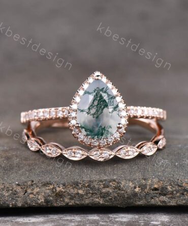 Art deco moss agate wedding ring set vintage moss agate engagement ring half eternity stacking matching band rose gold ring promise ring set
