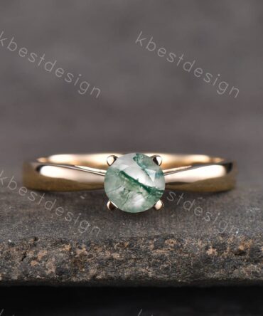 Delicate Moss Agate Ring Round Cut Moss Agate Engagement Ring Yellow Gold Solitaire Ring Stacking Ring Promise Ring Anniversary Gift