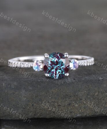 Three stone Alexandrite ring sterling silver ring for women 6mm round cut Alexandrite engagement ring moonstone ring promise ring gift