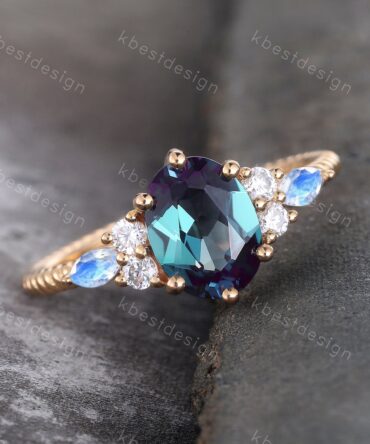 14K gold ring Alexandrite ring for women vintage Alexandrite engagement ring marquise cut Moonstone ring Unique twist wedding band
