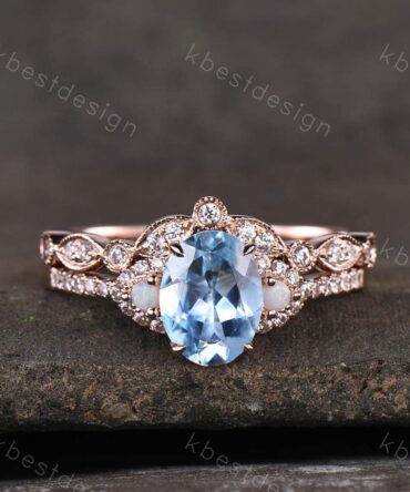 Oval Aquamarine Engagement Ring Set Vintage Rose Gold Aquamarine Bridal Ring Set Art Deco Curved Matching Band Anniversary Gift for Her