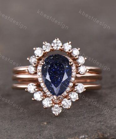 Vintage Blue Sandstone Wedding Ring Set Pear cut Blue Sandstone Engagement Ring Unique Curved Stacking Bands Bridal Promise Set Rose Gold