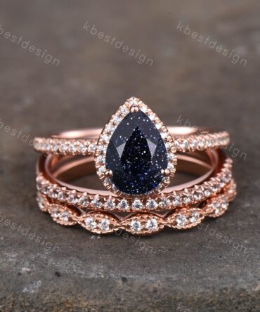 3PCS Blue Sandstone Wedding Set Art deco rose gold wedding ring pear blue sandstone engagement ring half eternity bands Promise Bridal ring