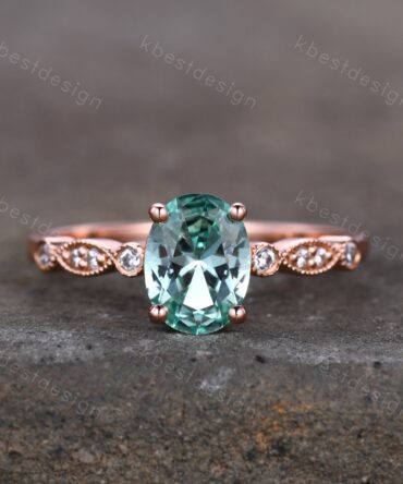 Green Sapphire Engagement Ring | Oval Engagement Ring | Art Deco Diamond Wedding Band | Vintage Rose Gold Ring | Teal Sapphire Ring