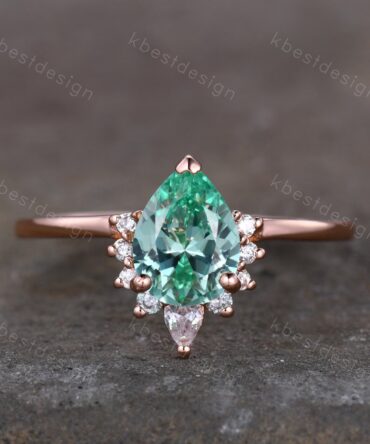 Vintage Green Sapphire Engagement Ring Dainty Rose Gold Ring Art deco Unique Wedding Ring Pear cut Sapphire Bridal Ring Promise Gift for Her