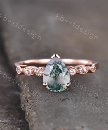 Pear moss agate ring art deco moss agate engagement ring rose gold ring for women dainty jewelry bridal promise ring gift for her