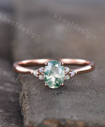 Oval Moss Agate engagement ring rose gold dainty engagement ring unique Opal cluster wedding ring bridal anniversary promise ring