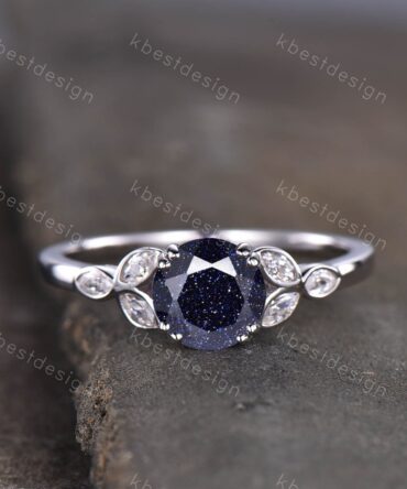 Blue Sandstone Ring 925 sterling silver ring Round cut blue sandstone engagement ring white gold unique marquise diamond band Gift for her