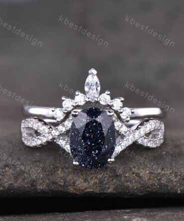 Oval blue sandstone engagement ring set Unique curved diamond stacking band white gold wedding ring Twisted bridal promise ring Gift