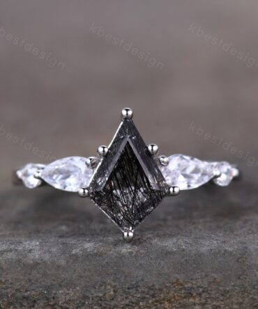 Vintage black rutilated quartz engagement ring rose gold kite cut ring art deco ring for women unique pear diamond bridal promise ring