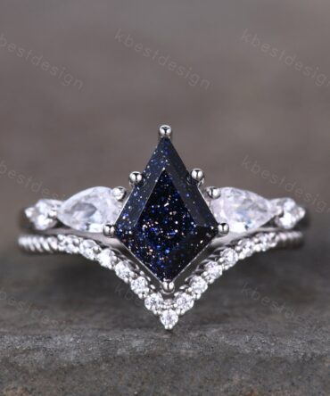 Vintage Kite Cut Blue Sandstone Engagement Ring Set Sterling Silver Ring Unique Pear Shaped Diamond Wedding Bridal Ring Promise Anniversary