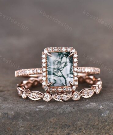 Vintage Emerald cut moss agate engagement ring set 14k rose gold art deco wedding ring for women unique bridal promise ring set Anniversary