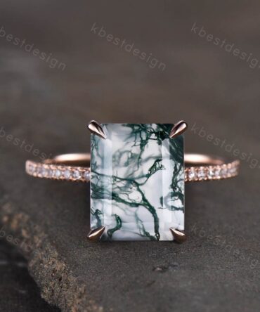 Emerald cut moss agate ring rose gold vintage engagement ring statement ring half eternity wedding bridal band anniversary promise ring