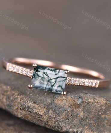 Dainty Moss Agate Rose Gold Ring Emerald Cut Moss Agate Engagement Ring Art Deco Half Eternity Bridal Wedding Promise Ring Gift for Her