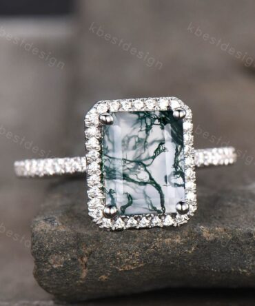 Emerald cut moss agate engagement ring women wedding ring in white gold dainty half eternity wedding band statement ring promise ring