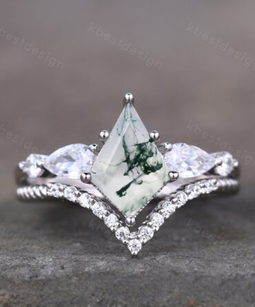 Vintage kite cut green moss agate engagement ring set sterling silver pear shaped wedding ring for women art deco bridal wedding set