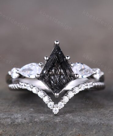 Kite cut black rutilated quartz engagement ring set sterling silver black gemstone ring set unique twisted stacking band promise ring set