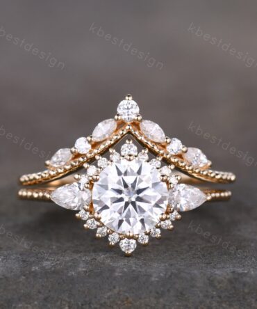 Vintage moissanite engagement ring set unique art deco moissanite bridal set solid gold ring for women moissanite stacking band Gift for her