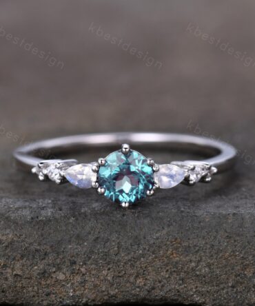 Dainty Alexandrite Engagement Ring Unique Pear Shaped Moonstone Bridal Wedding Ring June Birthstone Ring Sterling Silver Ring Promise Ring