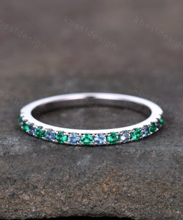 Half Eternity Emerald Alexandrite Wedding Band Dainty Sterling Silver Stacking Matching Band Birthstone Ring Wedding Band Anniversary Ring