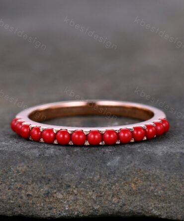 Natural Half Eternity Coral Band, Red Coral Wedding Ring, Dainty Stacking Band, Rose Gold Red Coral Ring, Coral Stone Ring, Anniversary Ring