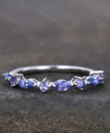 Art Deco Vintage Tanzanite Wedding Band/ Round and Marquise Band/ Half Eternity Stackable Band/ Sterling Silver Ring/ Tanzanite Ring