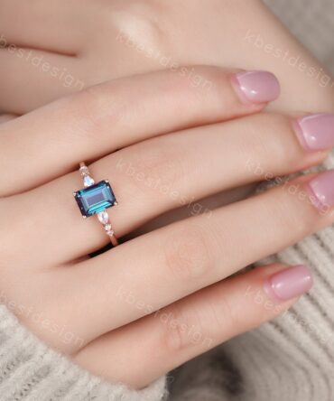 Emerald cut Alexandrite ring rose gold ring for women vintage unique Alexandrite engagement ring pear moonstone wedding ring Promise ring