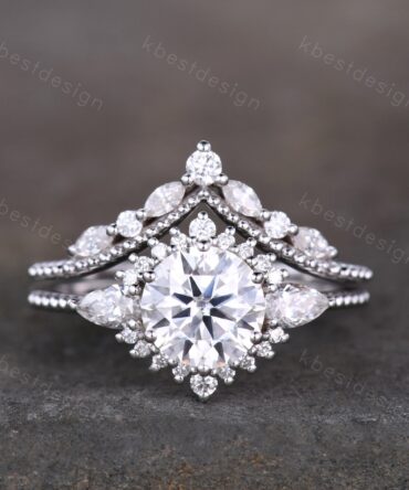Vintage Moissanite Engagement Ring Set White Gold Round Shaped Moissanite Bridal Set Art Deco Stacking Ring Milgrain Moissanite Wedding Set