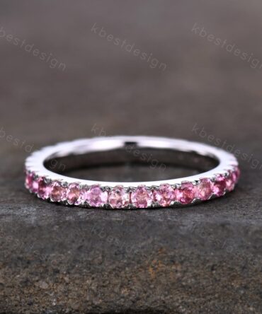 Pink Tourmaline Wedding Band, Full Eternity Band, Natural Tourmaline Wedding Band, Stacking Matching Band Anniversary Ring Gift For Her
