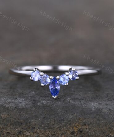 Curved Tanzanite Wedding Band/ Marquise Cut Tanzanite Stacking Band/ Sterling Silver Ring/ Unique Matching Band/ Anniversary Gift for Her