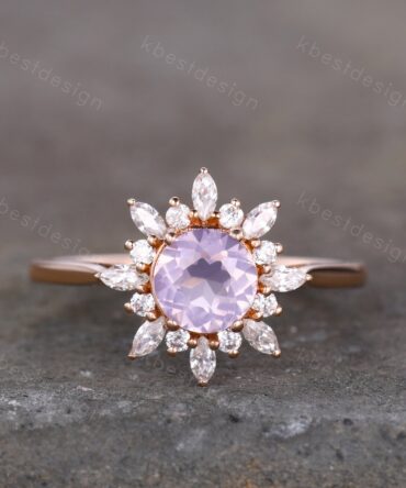 Natural Lavender Amethyst Ring Vintage Unique Diamond Halo Bridal Ring Amethyst Solitaire Engagement Ring February Birthstone Promise Ring