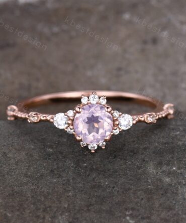 Dainty Rose Gold Lavender Amethyst Engagement Ring Unique Art Deco Amethyst Ring For Women February Birthstone Ring Wedding Promise Ring