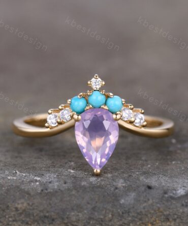 Amethyst Engagement Ring Pear Shaped Lavender Amethyst Ring Unique Turquoise Wedding Ring Women Yellow Gold Rings Promise Ring Anniversary