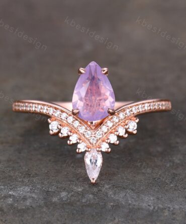 Vintage Pear Shaped Lavender Amethyst Ring Rose Gold Unique Amethyst Engagement Ring Art Deco Curved Women Wedding Ring Bridal Promise Gift